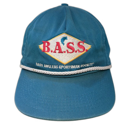 Bass Anglers Sportsman Society B.A.S.S. Trucker Blue Hat OS Rope USA Vintage