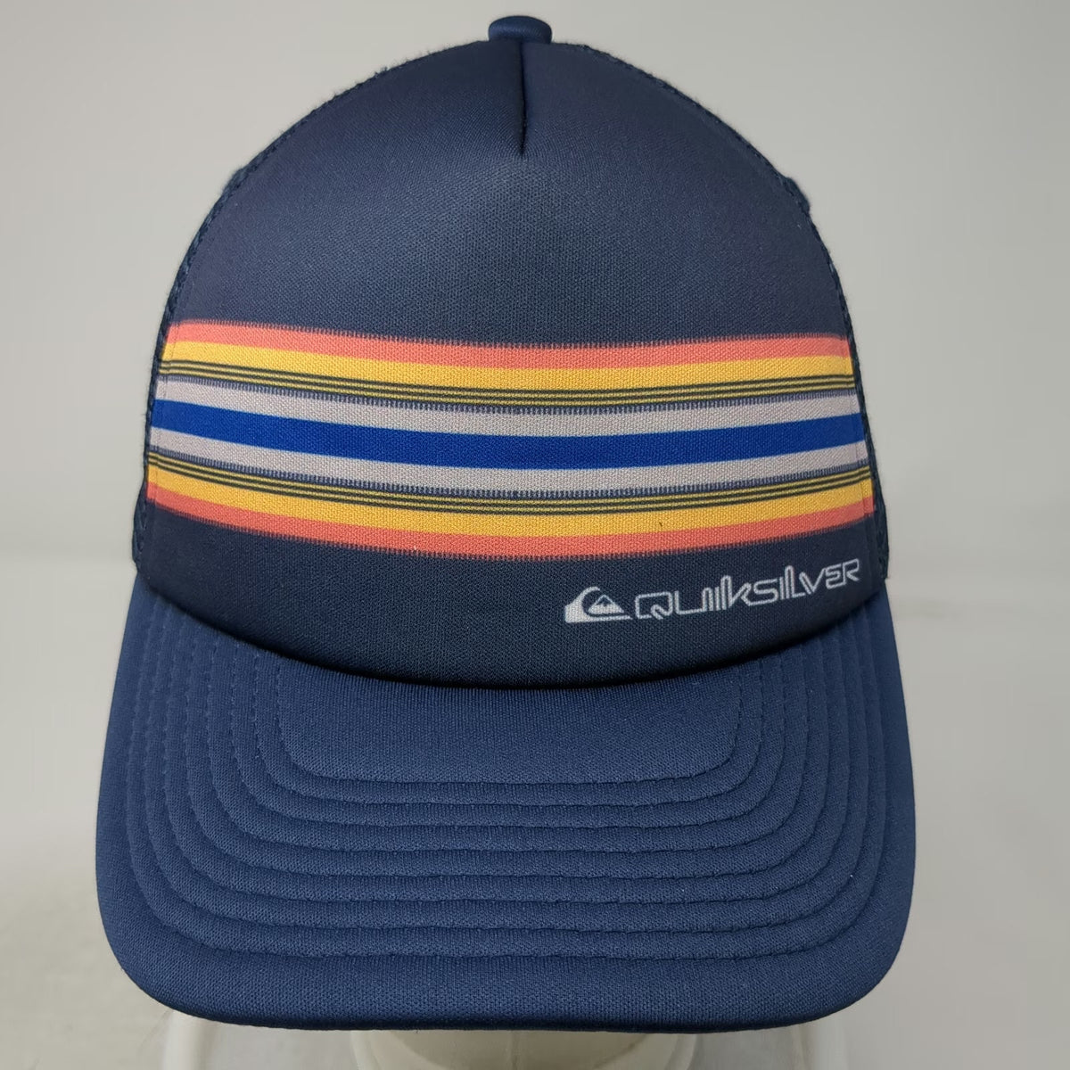 Quiksilver Trucker Hat Blue One Size Striped Mountain Wave Logo Mesh Snapback