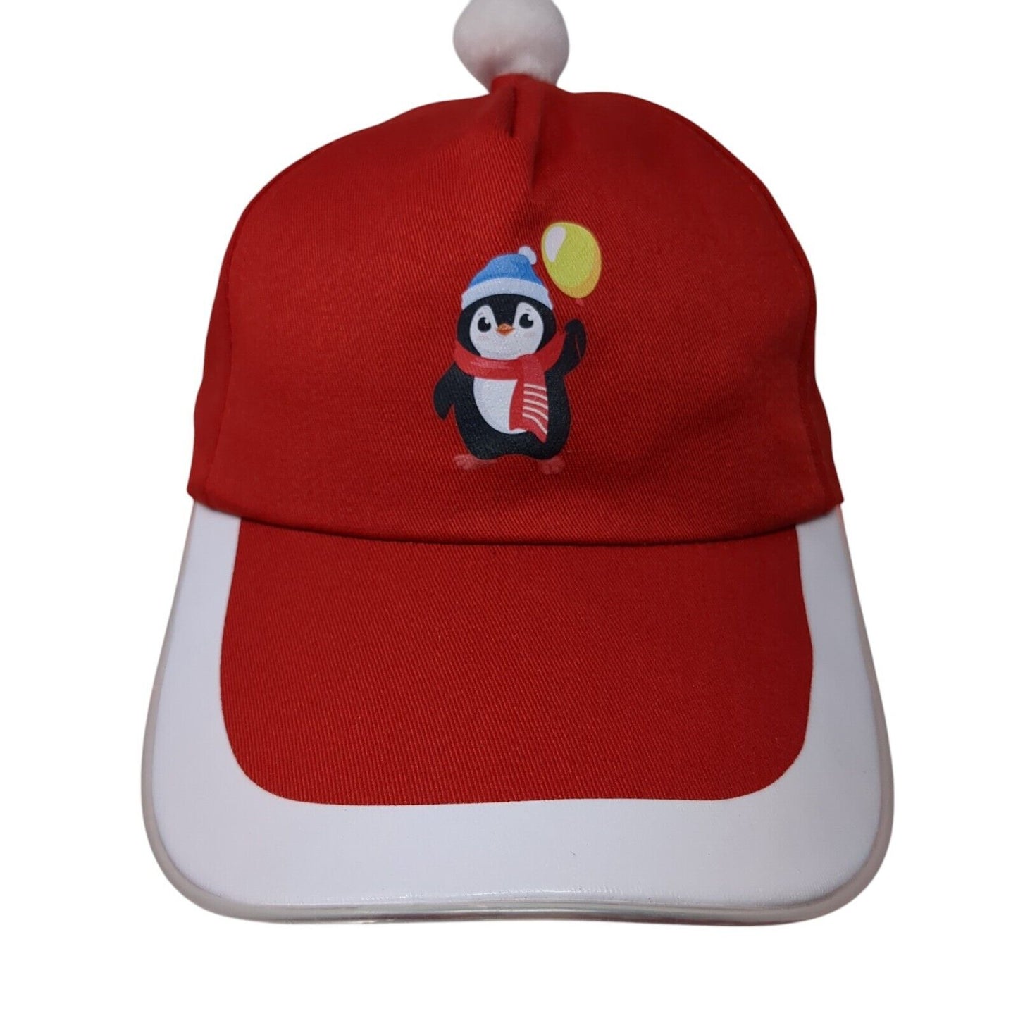 Penguin Christmas Sideback Hat Red One Size Adjustable Pom Pom 6 Panel