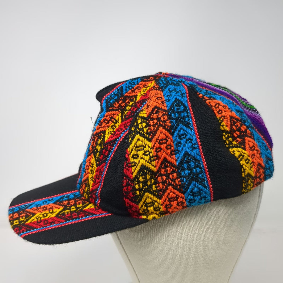 Black 5 Panel Machu Picchu Cusco Llama Woven Geometric Pattern Hat One Size