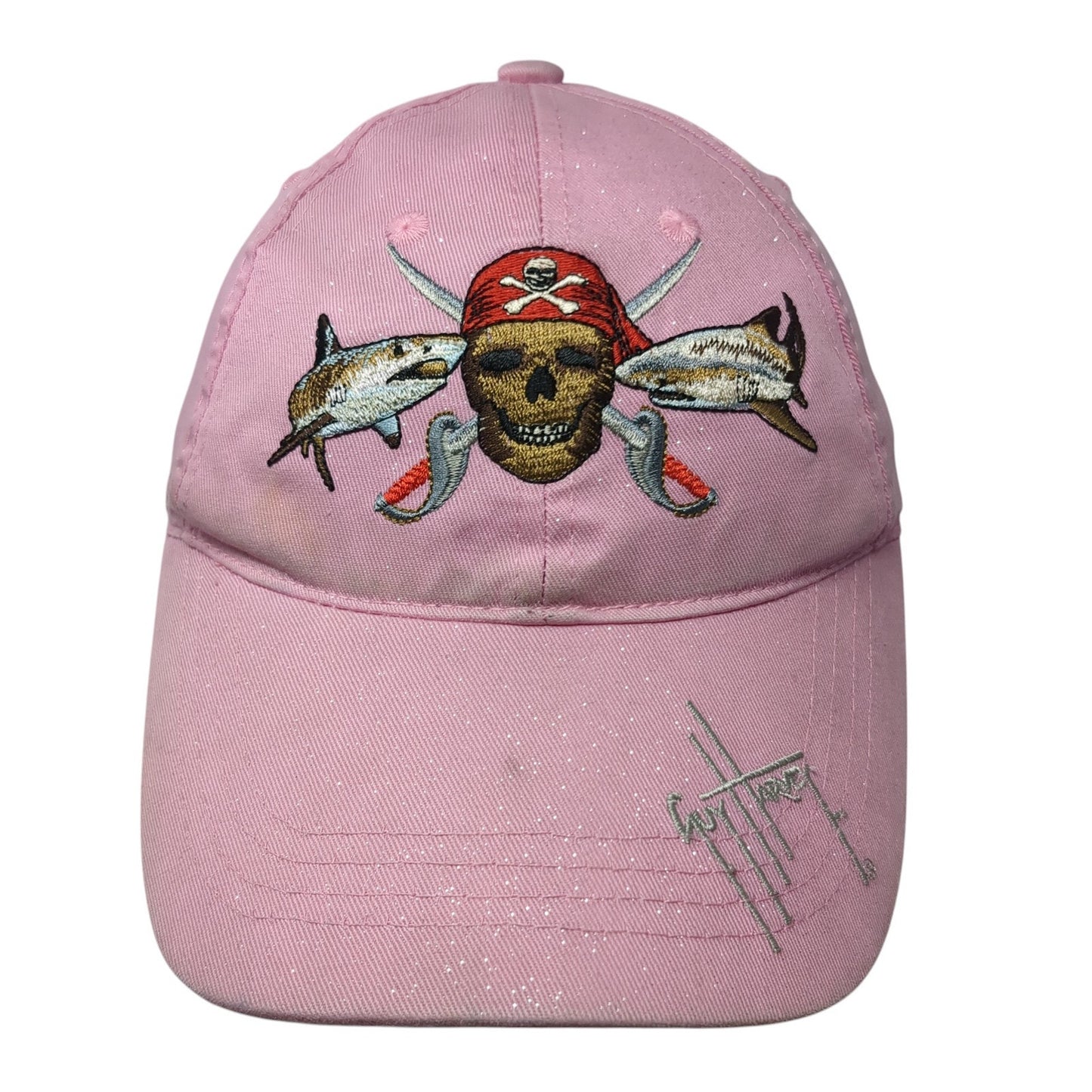 Guy Harvey Pirate Shark Strapback Hat Pink One Size Adjustable Outdoor