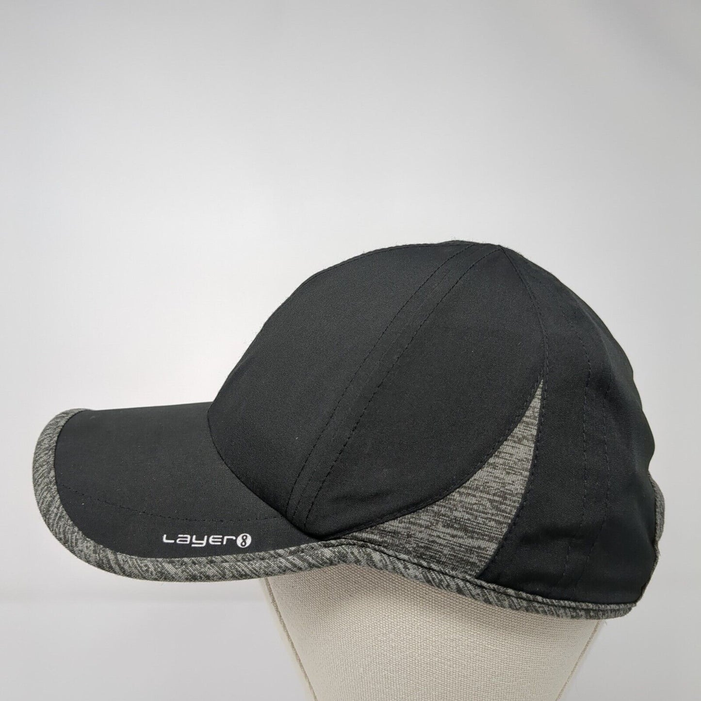 Layer 8 Strapback Hat Black One Size Adjustable Gray Trim Outdoor