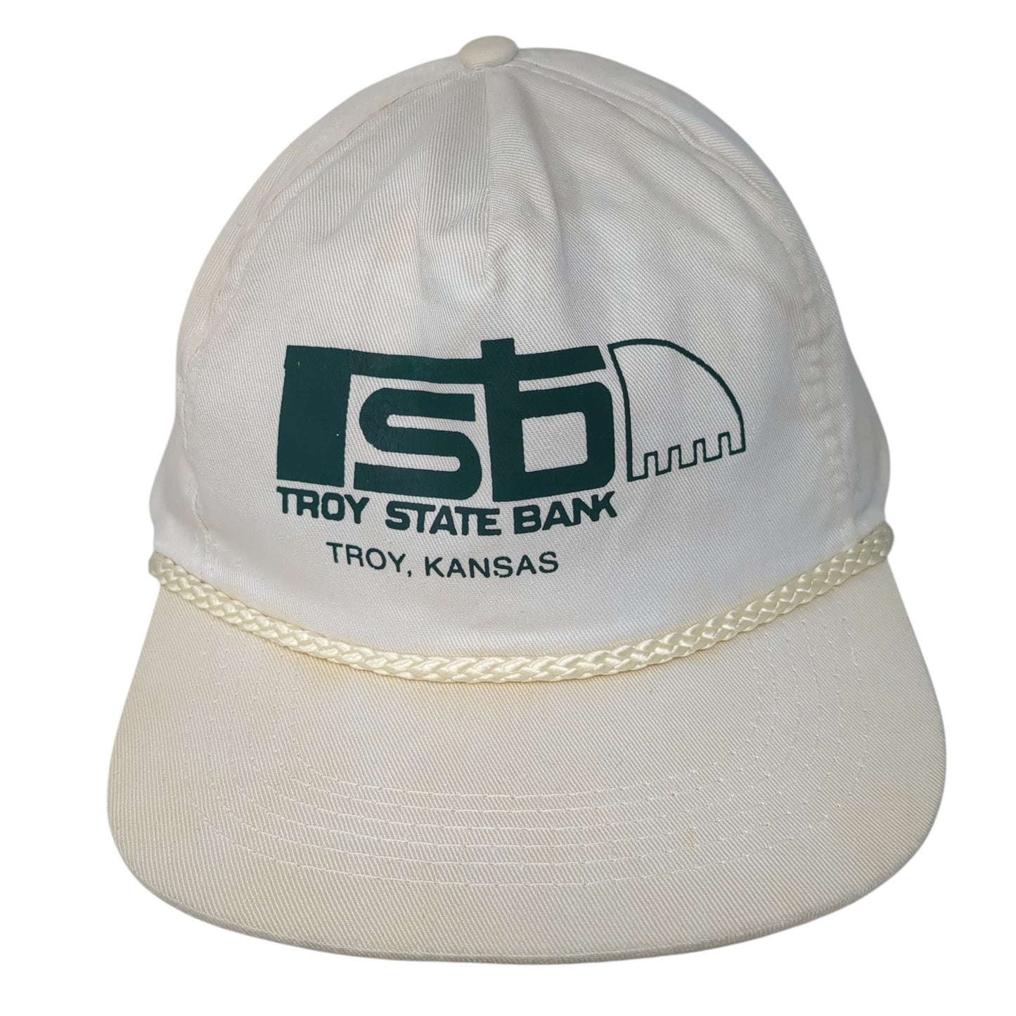 Troy State Bank Snapback Hat White One Size Adjustable Vented Holes Rope