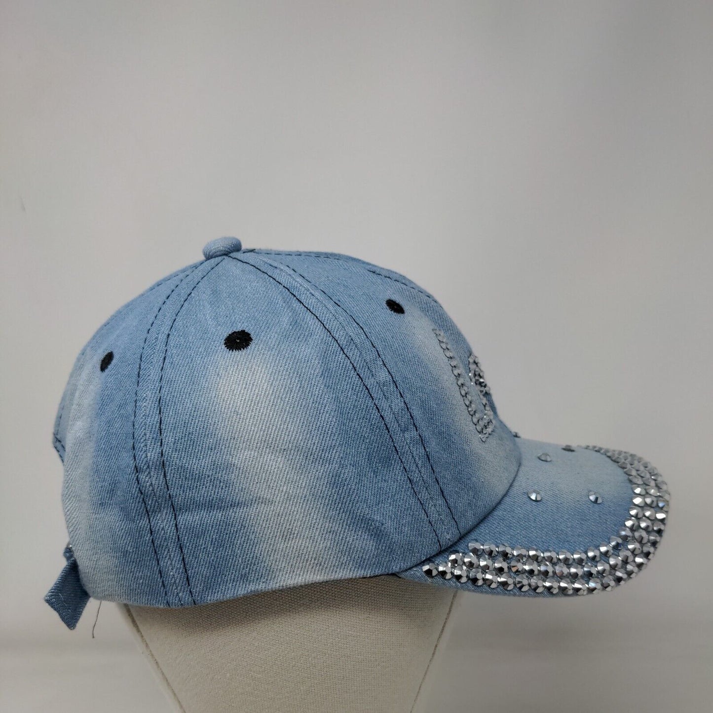 Love Bling Slideback Hat Blue One Size Adjustable Vented Holes Denim Cotton