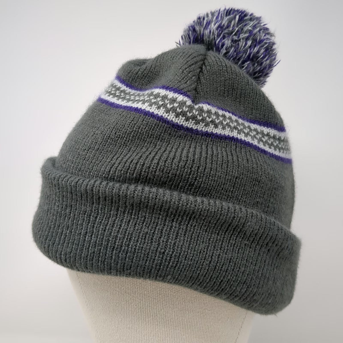 Indie Caps Beanie Gray One Size Pom Pom Fleece Lined M Logo Striped Knit Hat