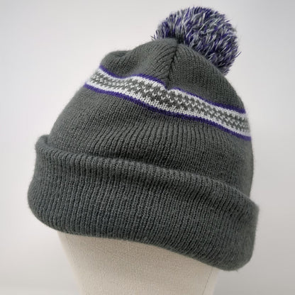 Indie Caps Beanie Gray One Size Pom Pom Fleece Lined M Logo Striped Knit Hat