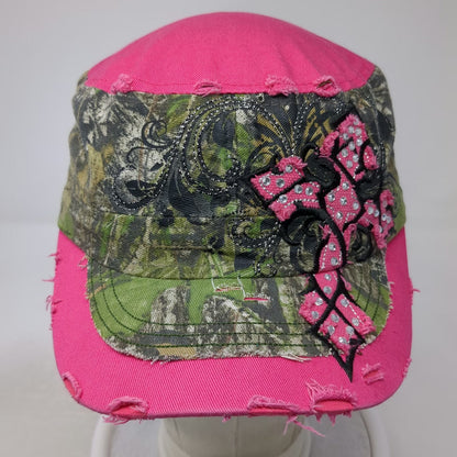 KBETHOS Army Cap Pink One Size Rhinestone Cross Mossy Oak Camo Frayed Hat