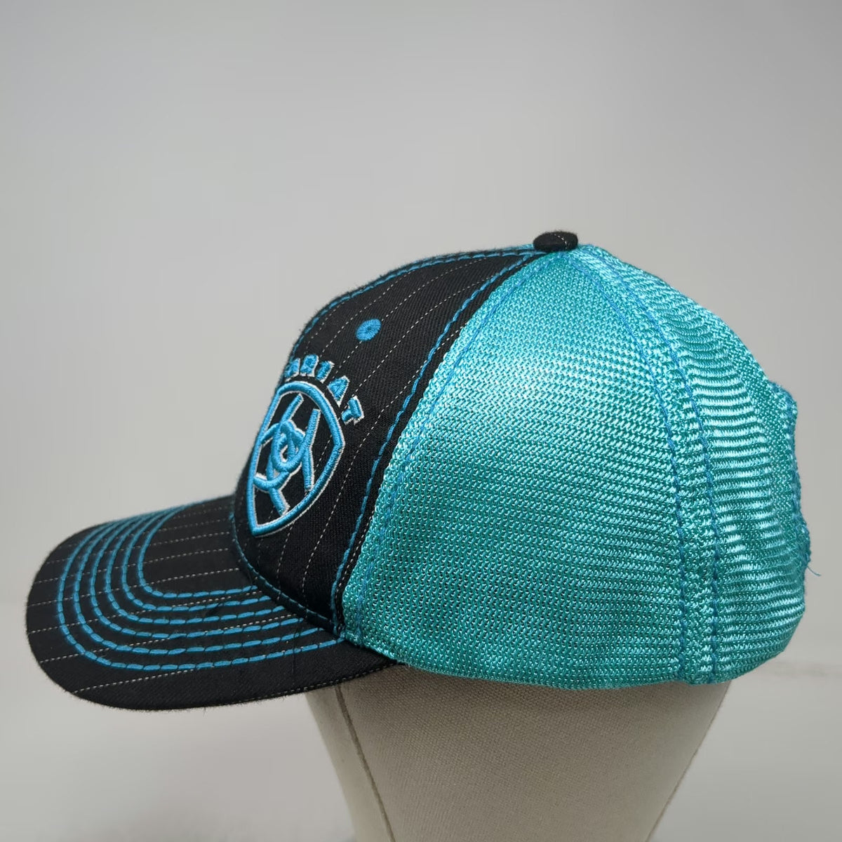Ariat Trucker Hat Black Blue One Size Pinstripe Mesh Snapback Logo Western Sewn