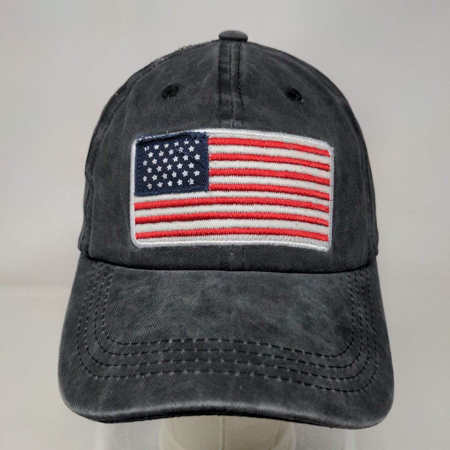 American Flag Slideback Hat Gray One Size Embroidered Patriotic 6 Panel Cotton