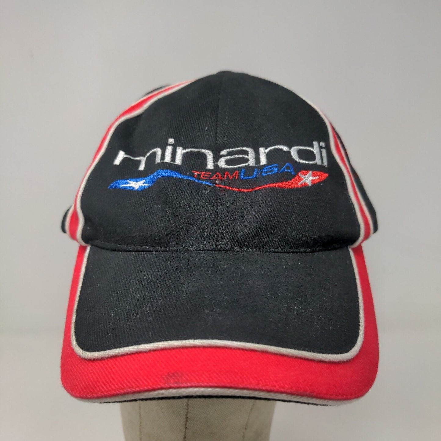 Minardi USA Men's Slideback Hat Black Red OSFA Embroidered Logo Cotton