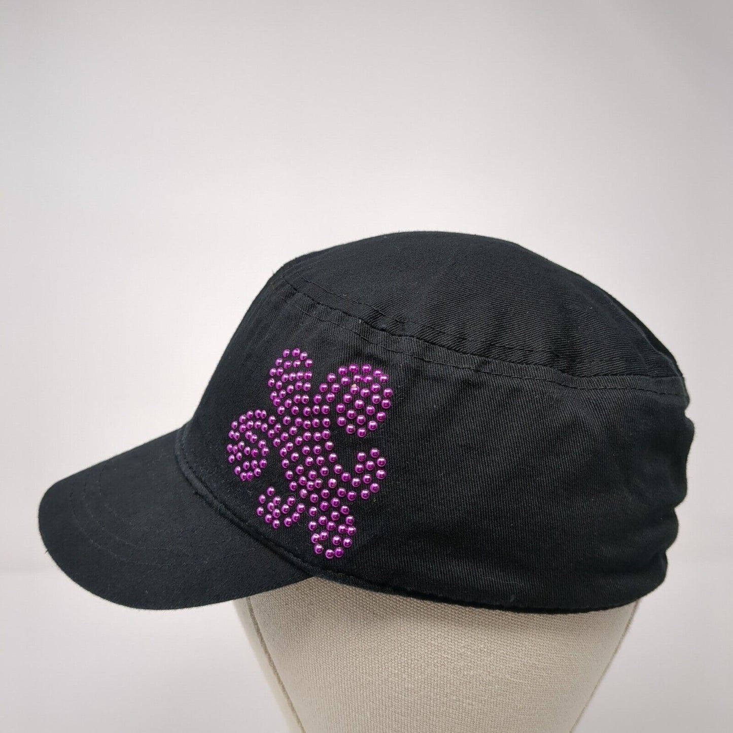 Bongo Cadet Army Cap Black One Size Stretch Embellished Rhinestone Cotton