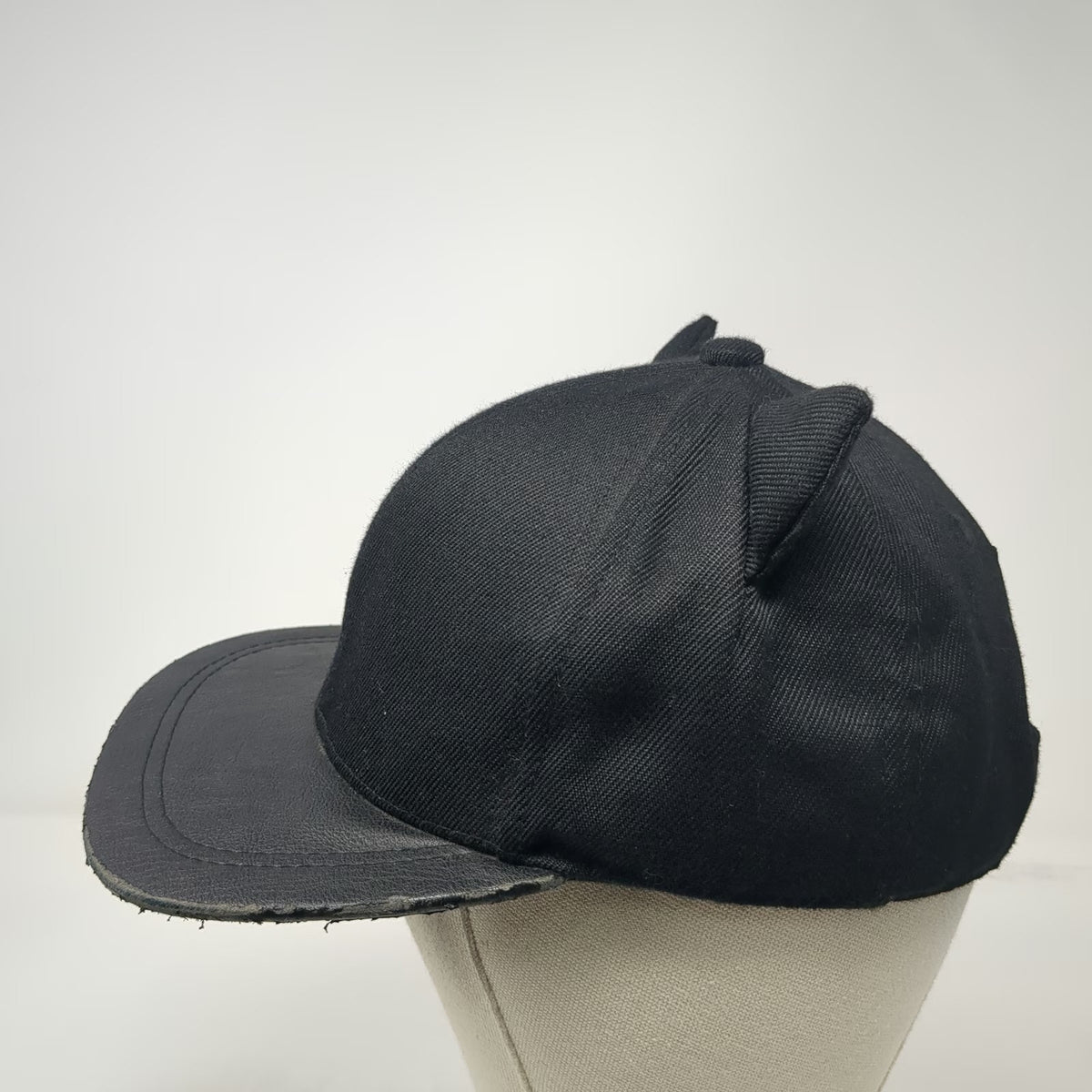 H&M Snapback Hat Black One Size Cat Ears Meow Embroidery Faux Leather Brim