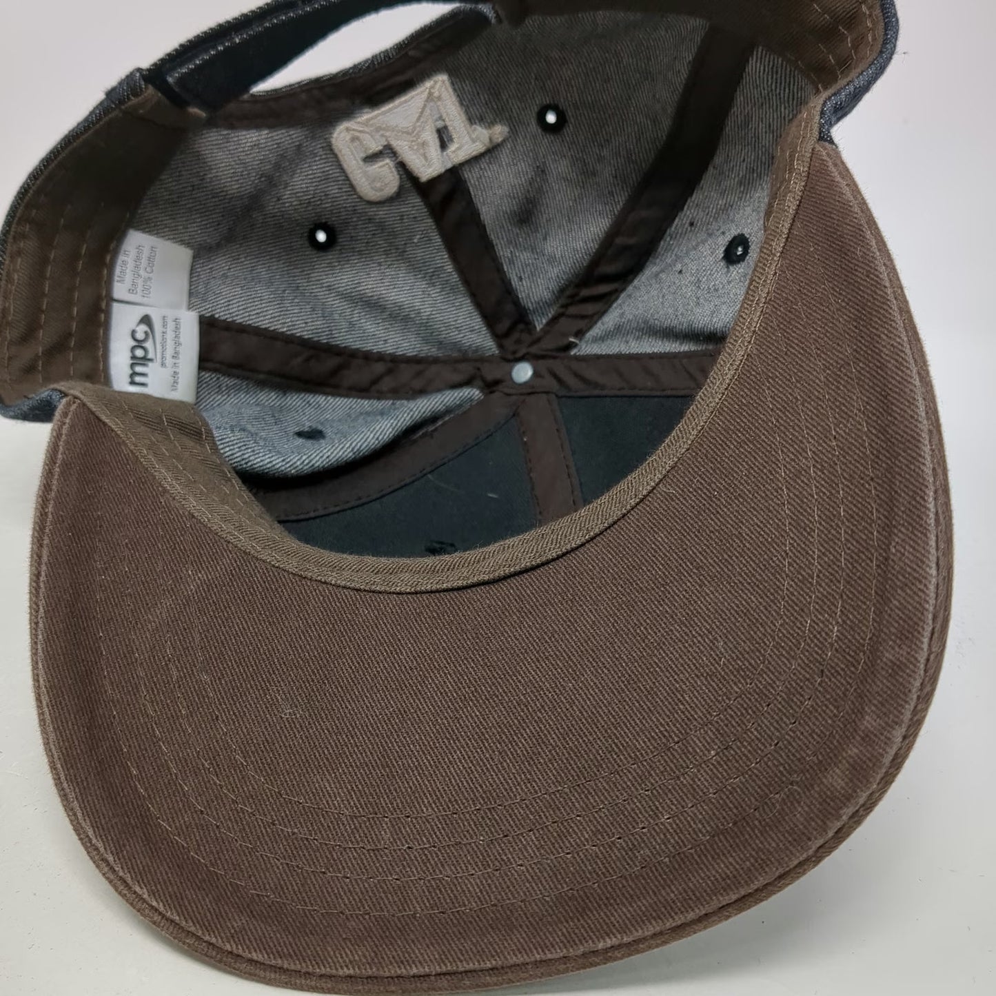 MPC Baseball Cap Blue Brown OSFM Denim Caterpillar Equipment Logo Hat Adjustable