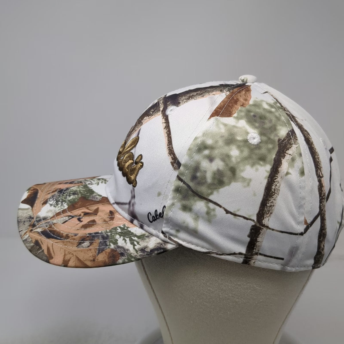 Cabela's Snapback Hat White Camo One Size Gold Embroidery Zonz Woodlands Hunting