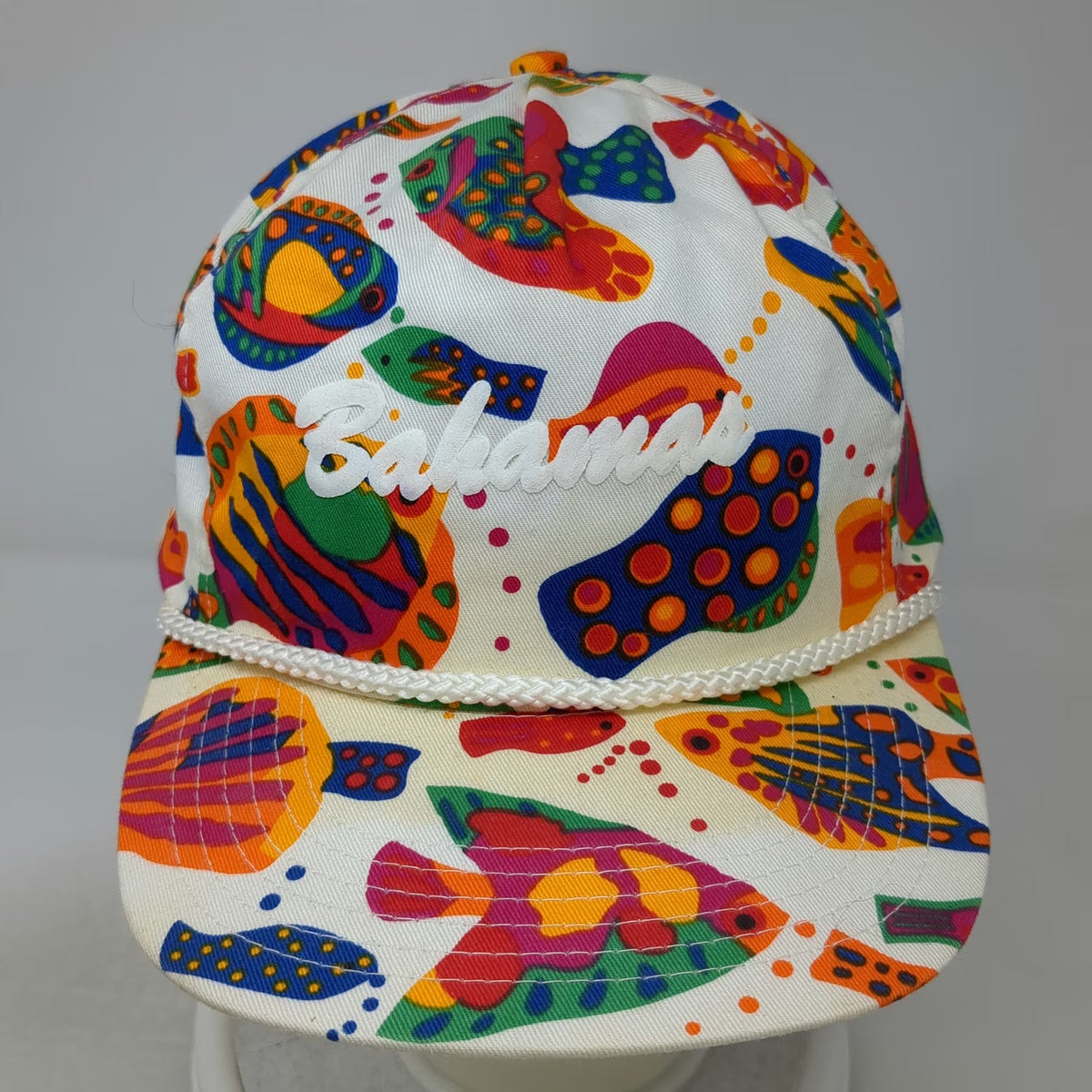 Winner 5 Panel White Blue Green One Size Tropical Fish Print Rope Bahamas Hat