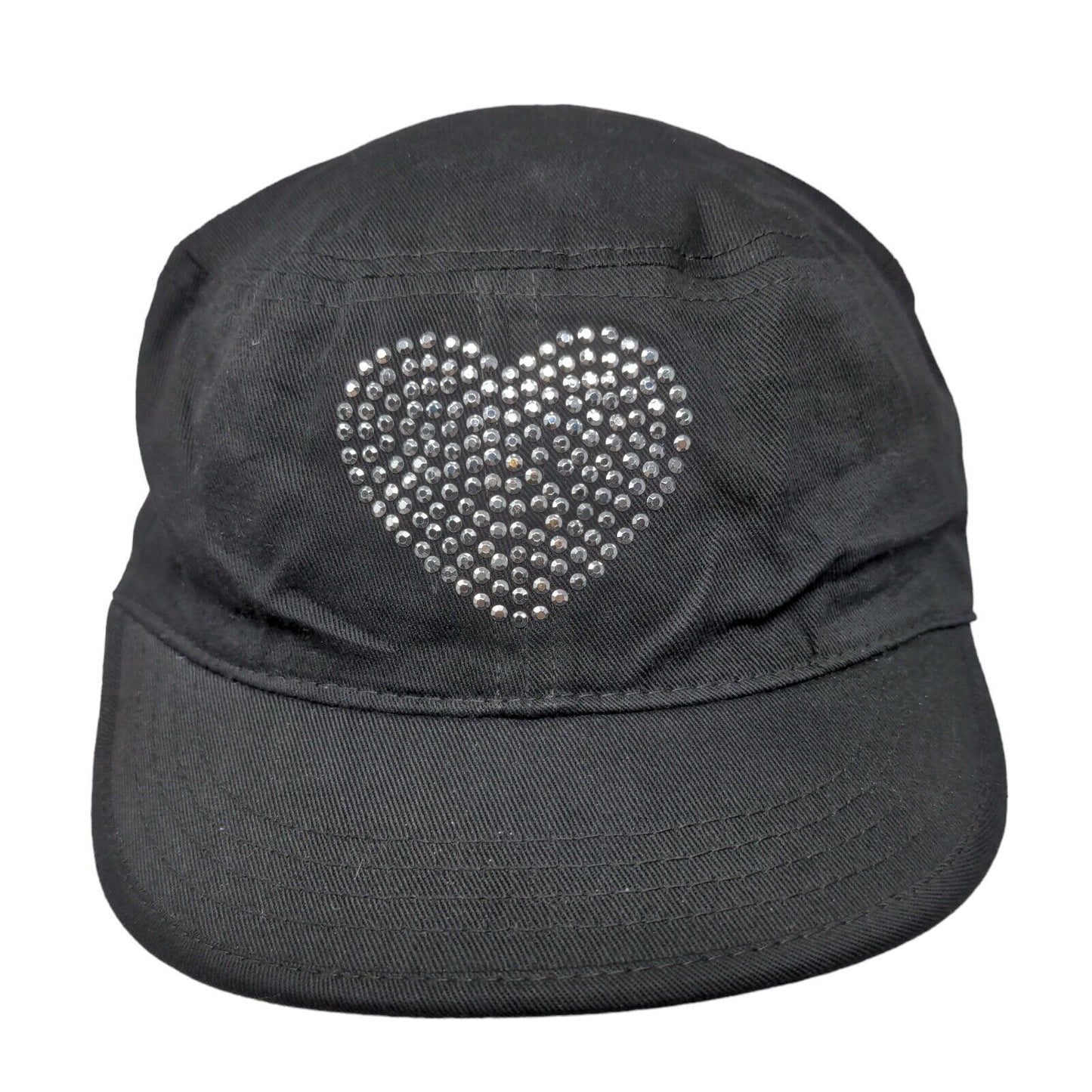 Heart Studded Bling Fitted Cadet Army Cap Hat Black One Size Rhinestone