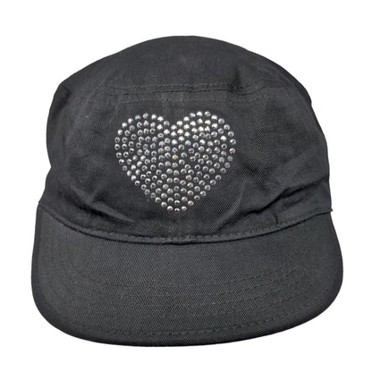Heart Studded Bling Fitted Cadet Army Cap Hat Black One Size Rhinestone