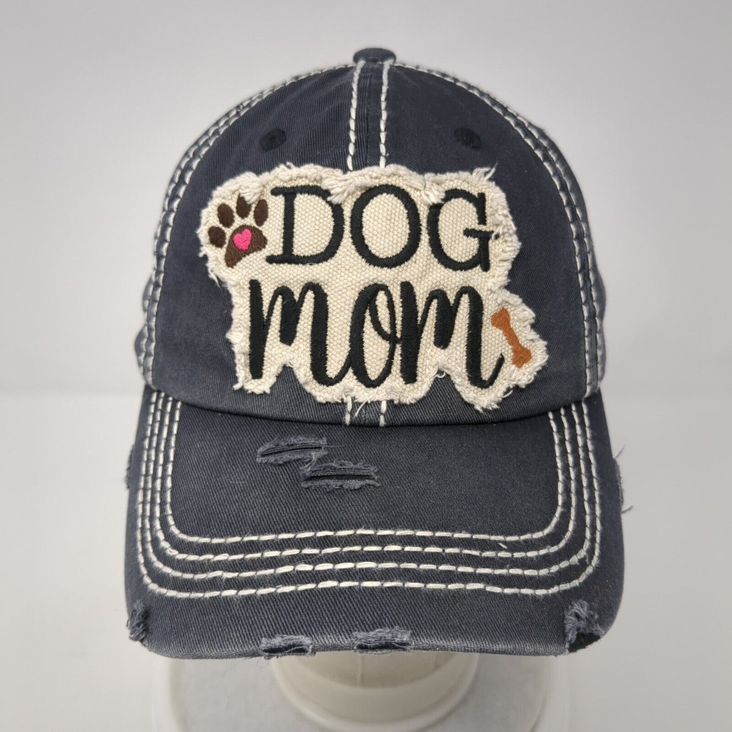 Dog Mom Strapback Hat Gray One Size Adjustable Embroidered Distressed Cotton