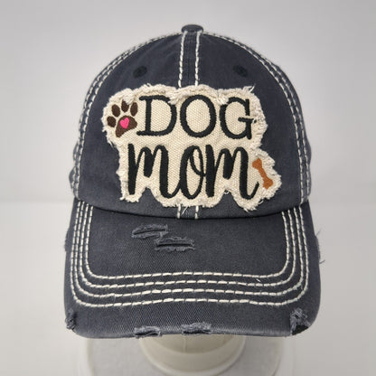 Dog Mom Strapback Hat Gray One Size Adjustable Embroidered Distressed Cotton