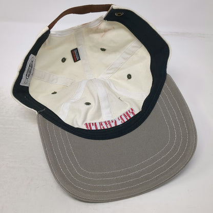The Shack Board Shop Baseball Cap White One Size Leather Strap Hat Gray Brim