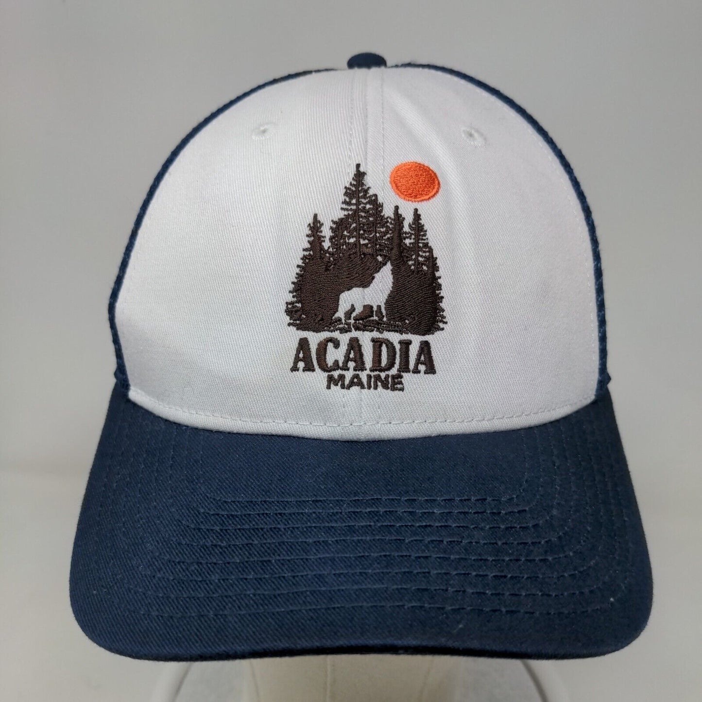 Acadia Maine Fitted Trucker Hat Blue Medium Mesh Back Embroidered