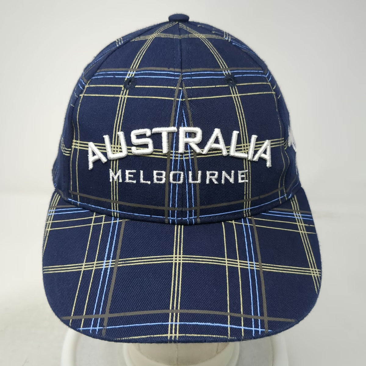 Blue Plaid Baseball Cap One Size Kangaroo Australia Melbourne Strapback Hat