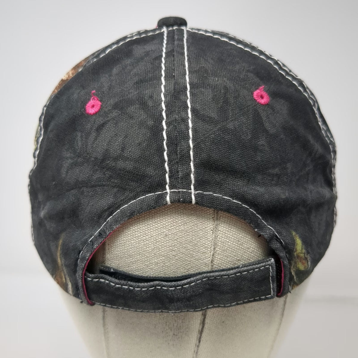 Mossy Oak Baseball Cap Black Pink One Size Distressed Lace Camo Hat Stitching