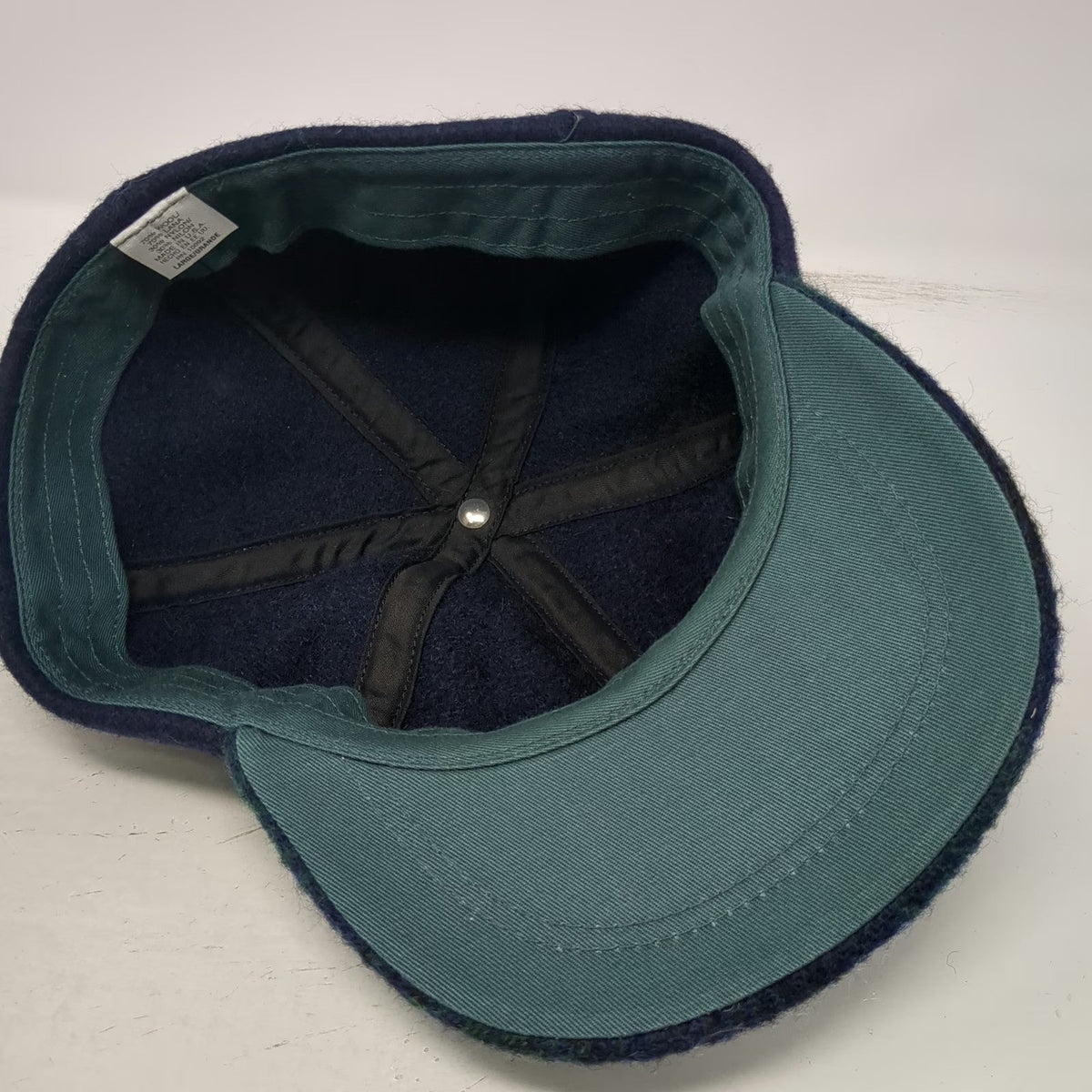 Baseball Cap Blue Green L Plaid Brim Wool Blend Made in USA Fitted Hat Vintage