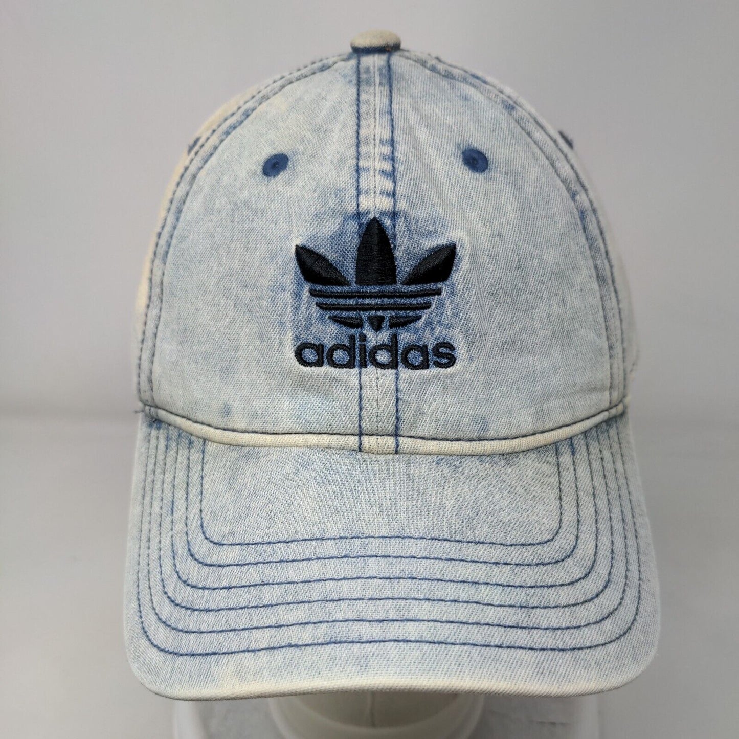 Adidas Slideback Hat Blue OS Adjustable Embroidered Trefoil Acid Wash Denim