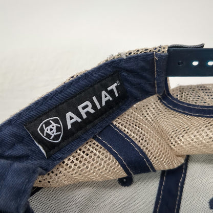 Ariat Trucker Hat Blue One Size Mesh Snapback Shield Logo Beige Stitching
