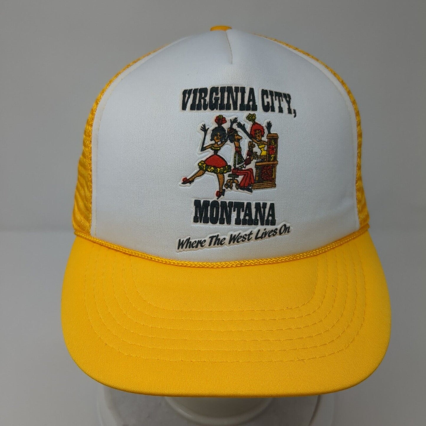 Virginia City Montana Snapback Rope Trucker Hat Orangish-Yellow OSFA Mesh Back