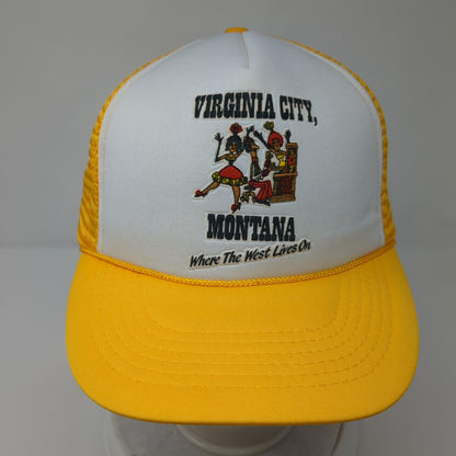 Virginia City Montana Snapback Rope Trucker Hat Orangish-Yellow OSFA Mesh Back