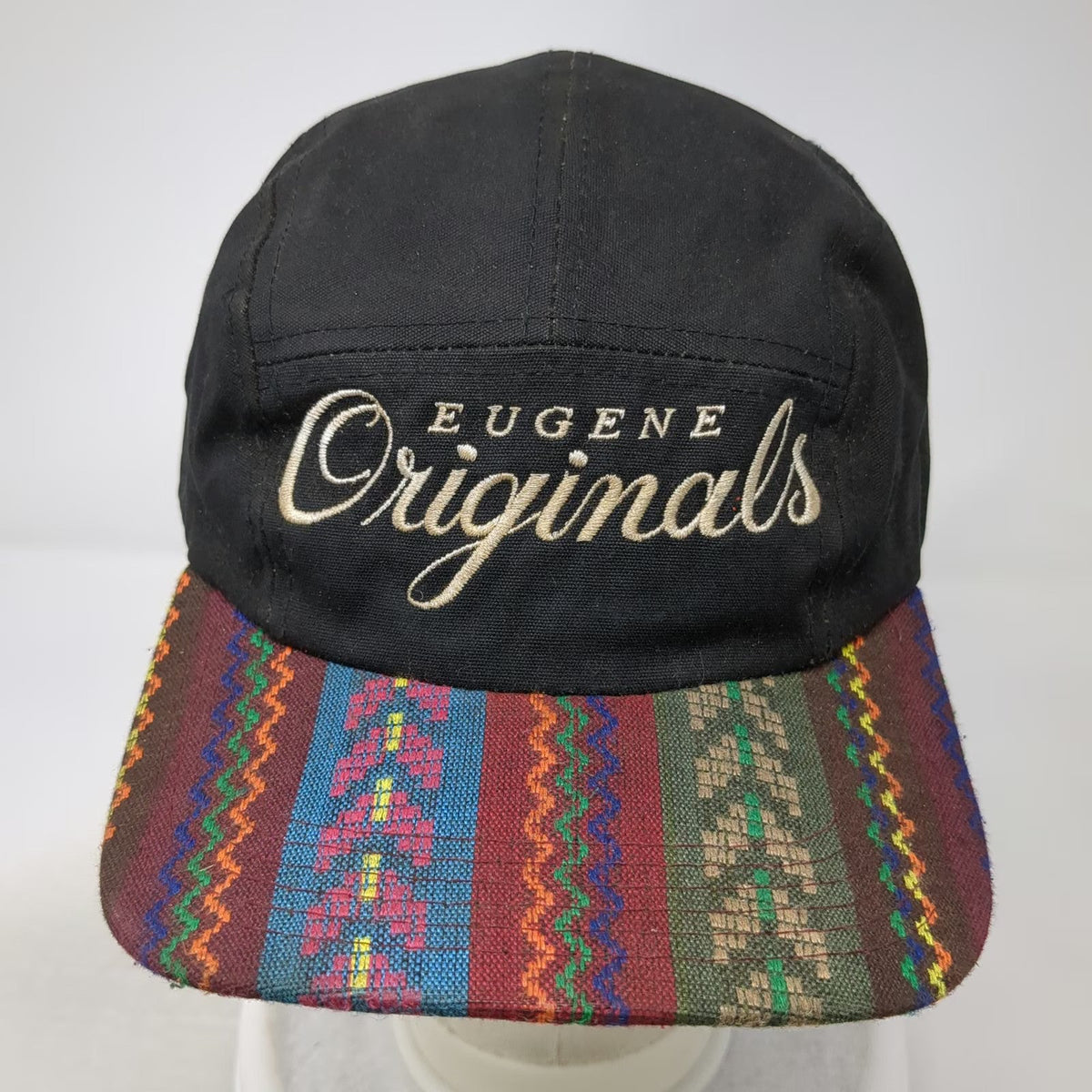 Eugene Originals 5 Panel Hat Black One Size Woven Geometric Brim Strapback