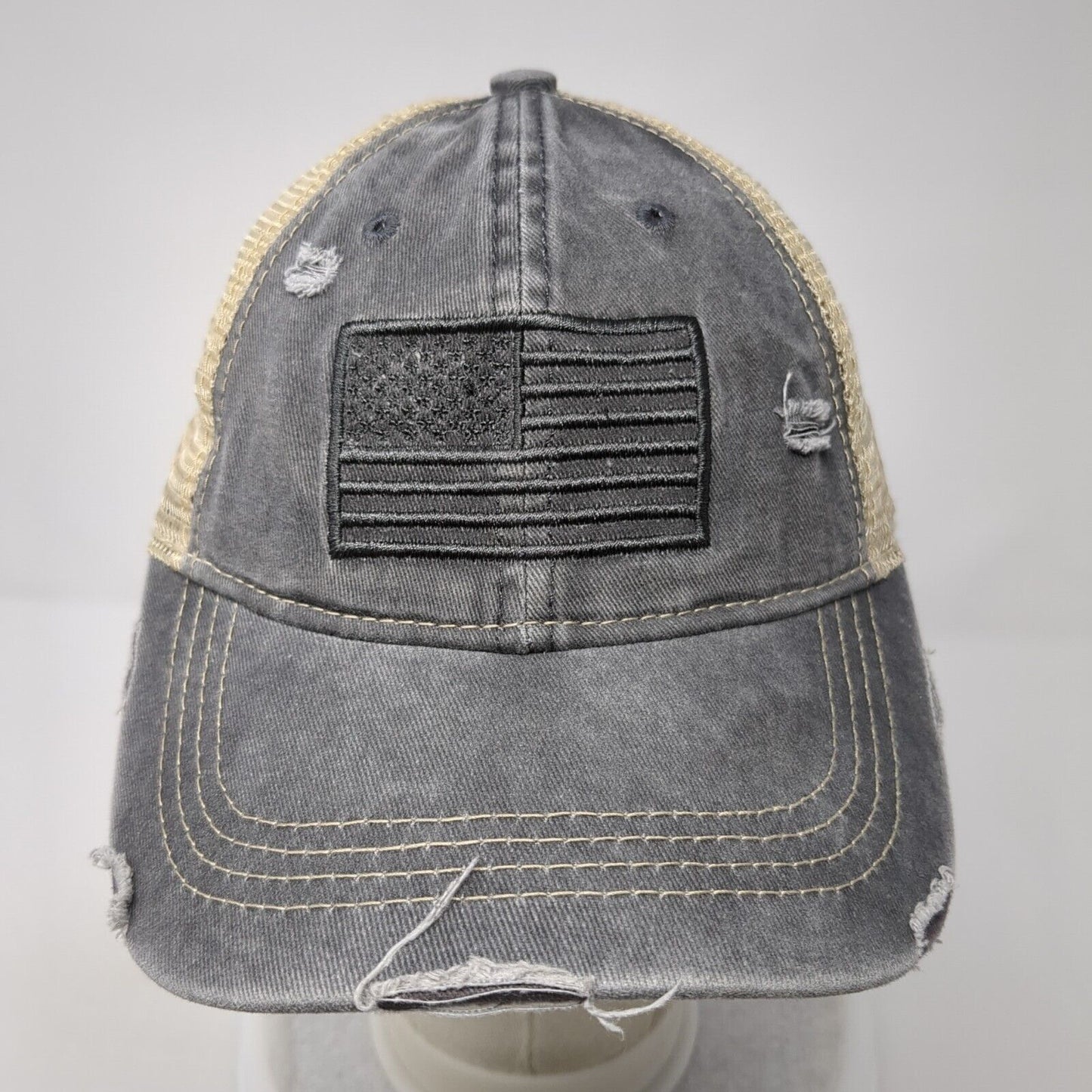 C.C Exclusives Strapback Trucker Hat Gray One Size Ponytail USA Flag