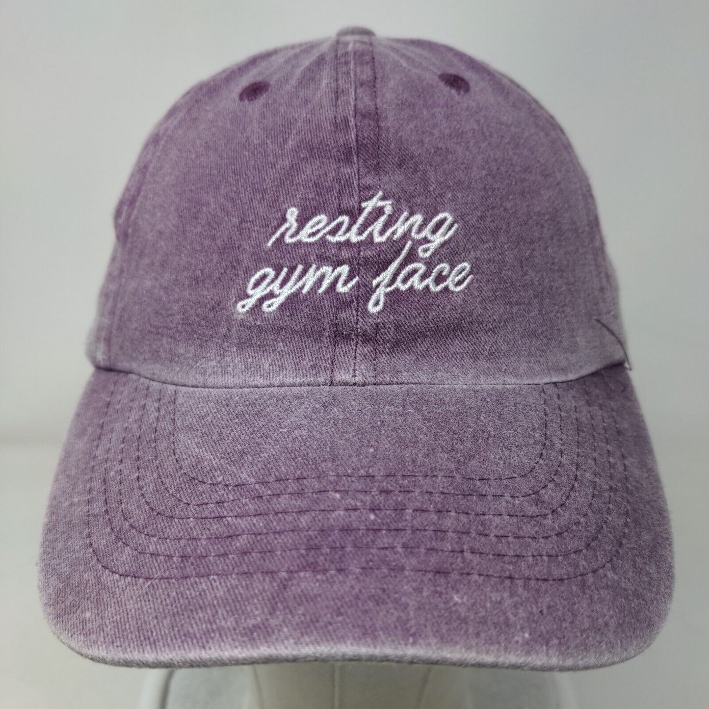 Resting Gym Face Strapback Hat Purple OSFA Adjustable Embroidered Vented Holes