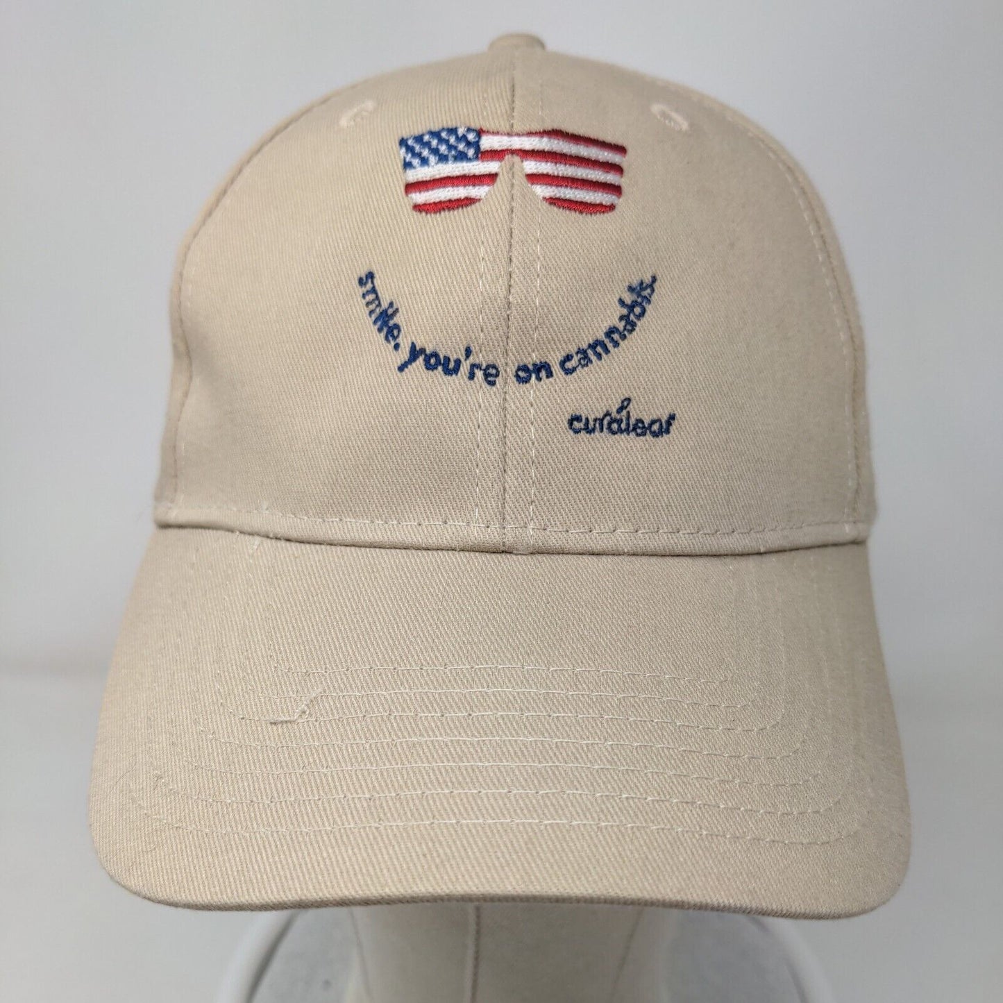 Smile You're On Cannabis Strapback Hat Tan OSFM American Flag Glasses