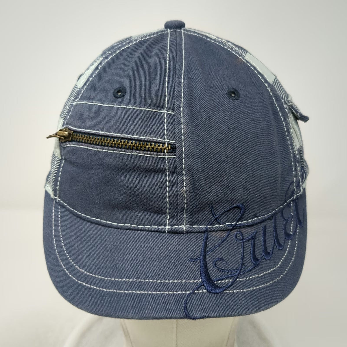 Cruel Girl Baseball Cap Blue White One Size Zipper Side Pocket Strapback Hat