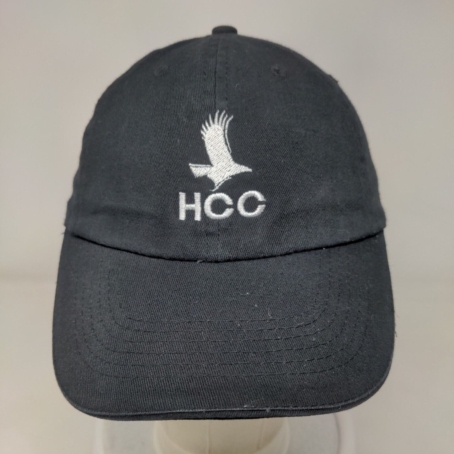 HCC Strapback Hat Black One Size Adjustable Embroidered Vented Holes 6 Panel