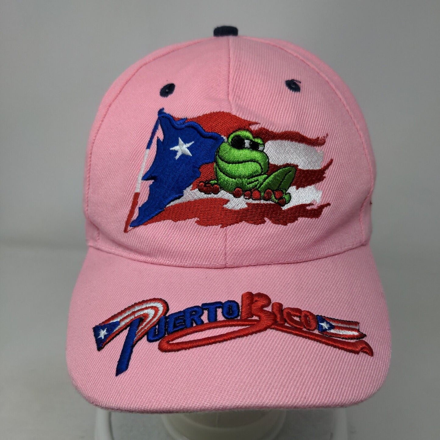 Puerto Rico Flag Frog Strapback Hat Pink OSFA Embroidered Adjustable