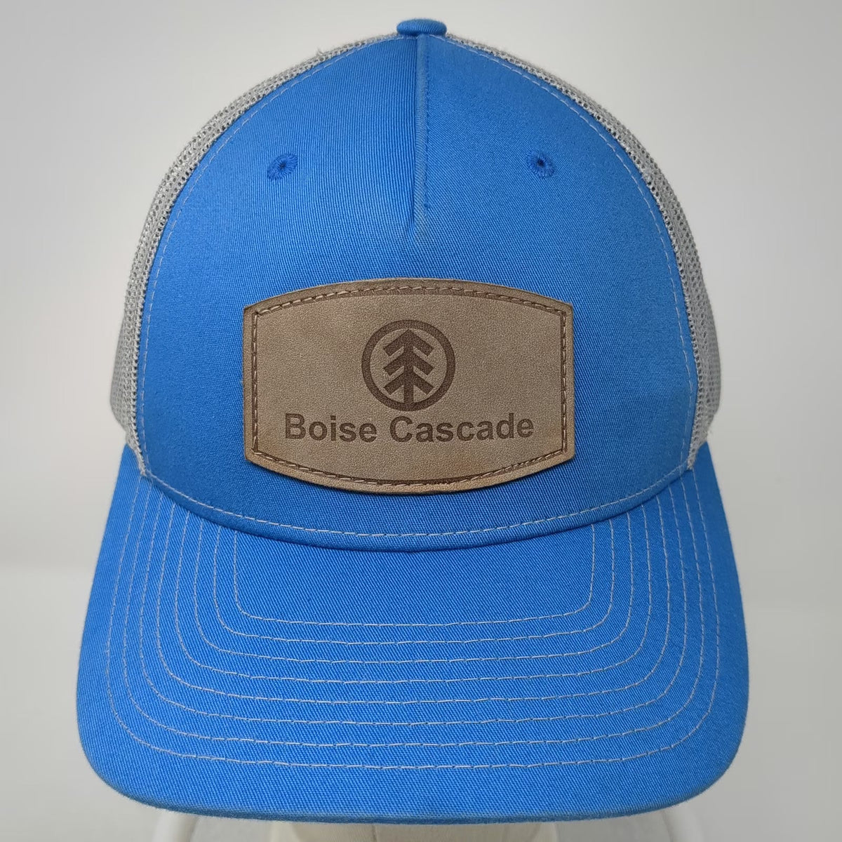 Richardson Trucker Hat Blue One Size Boise Cascade Leather Patch Mesh Gray Brown