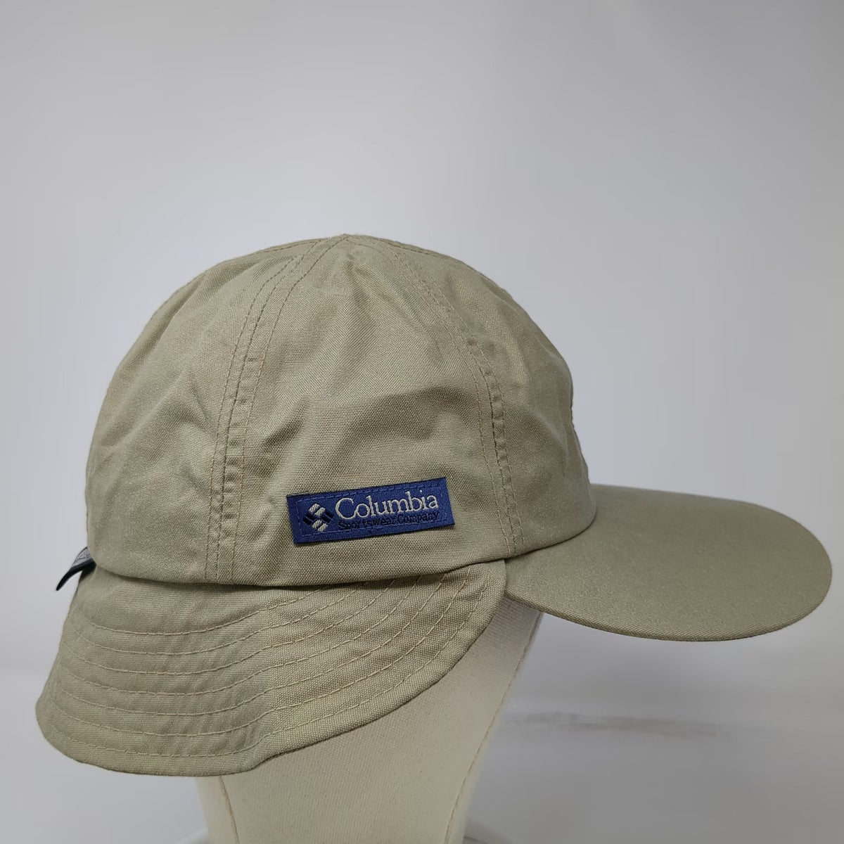 Columbia Baseball Cap Beige Blue L Neck Flap Fitted Made in USA Hat Vintage