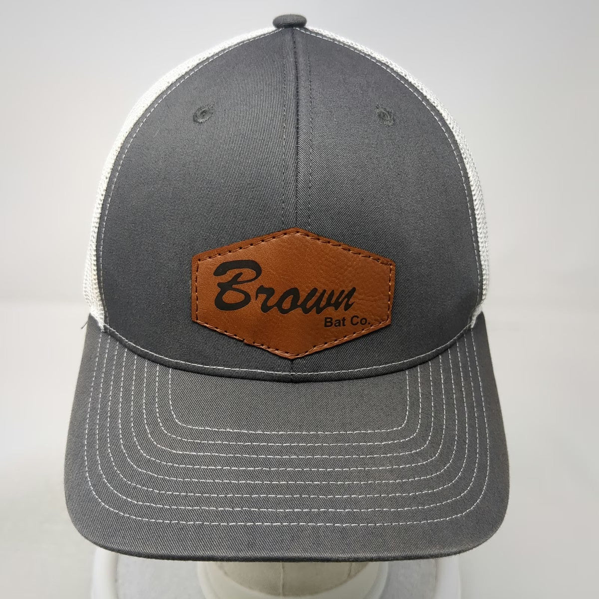 Richardson Trucker Hat Gray One Size Brown Bat Co. Leather Patch Mesh Snapback