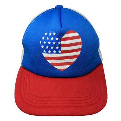 Heart USA Flag Trucker Hat Blue Red White One Size Patriotic Mesh Snapback Cap