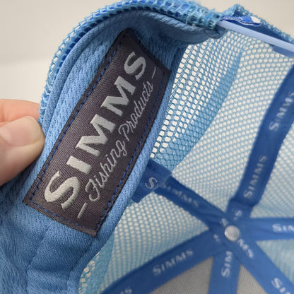 Simms Tres Pescados Fly Shop Trucker Hat Blue Camo Mesh Snapback Patch One Size