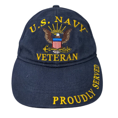 US Navy Veteran Proudly Served Slideback Hat Blue One Size Embroidered Logo