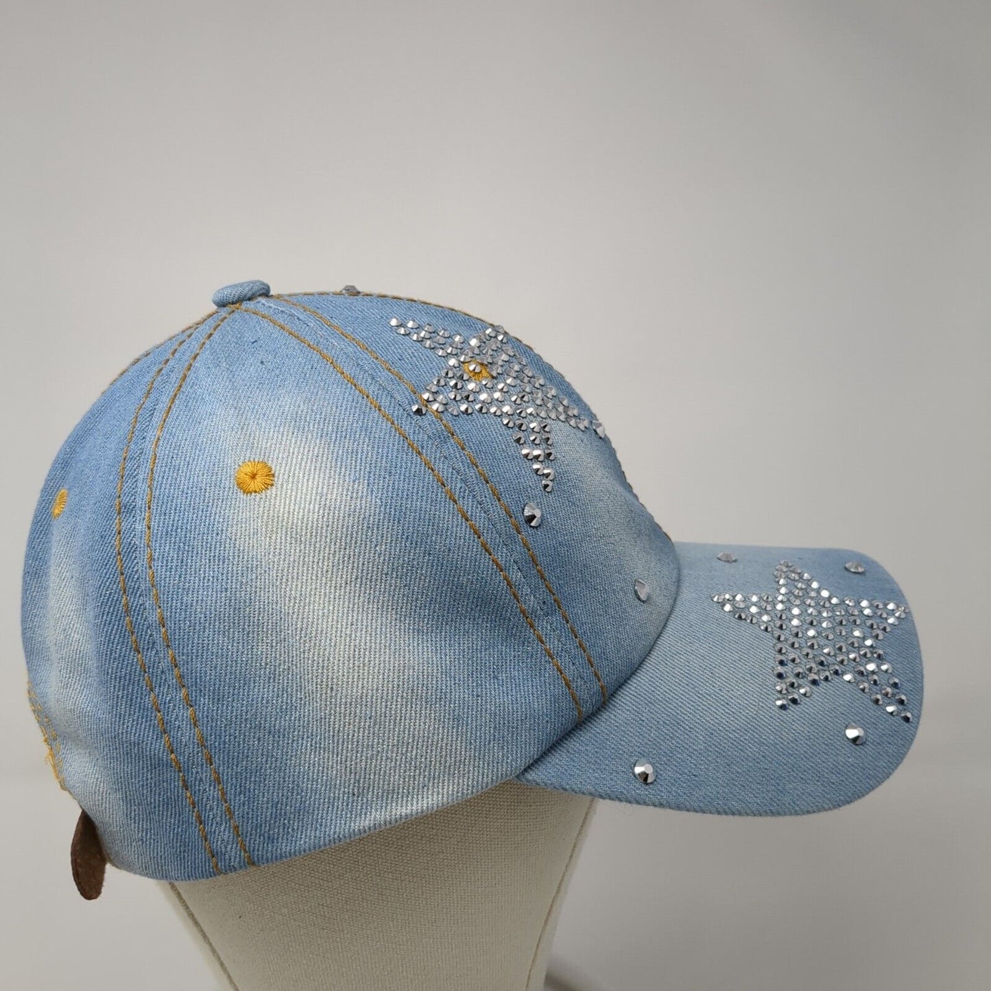 Stars Rhinestone Bling Slideback Hat Blue Denim One Size Leather Strap