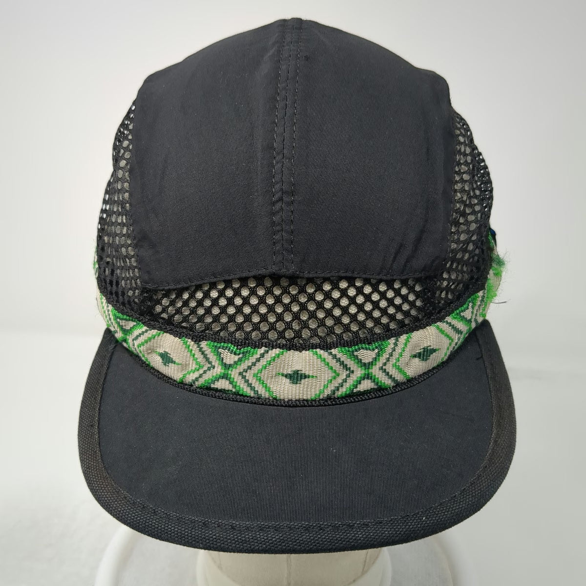 KAVU 5 Panel Cap Black M Mesh Patterned Trim Seattle USA Slideback Outdoor Hat