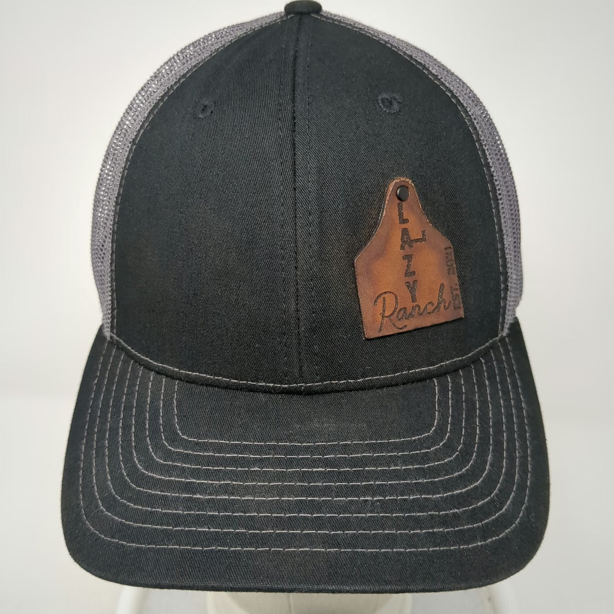 Richardson Trucker Hat Black OSFM Leather Patch Lazy Ranch Gray Mesh Snapback