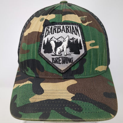 Richardson Trucker Hat Green Camo One Size Barbarian Brewing Wolf Patch Snapback