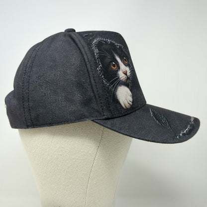 Snapback Gray One Size Distressed Denim Kitten Cat Animal Paw Prints Frayed Hat